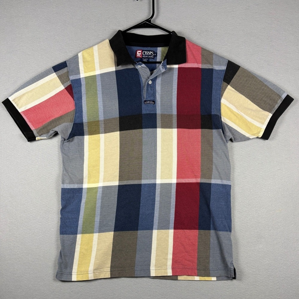 Vintage Chaps Ralph Lauren Plaid Patch Polo Shirt Multicolor Size M Mens 90's